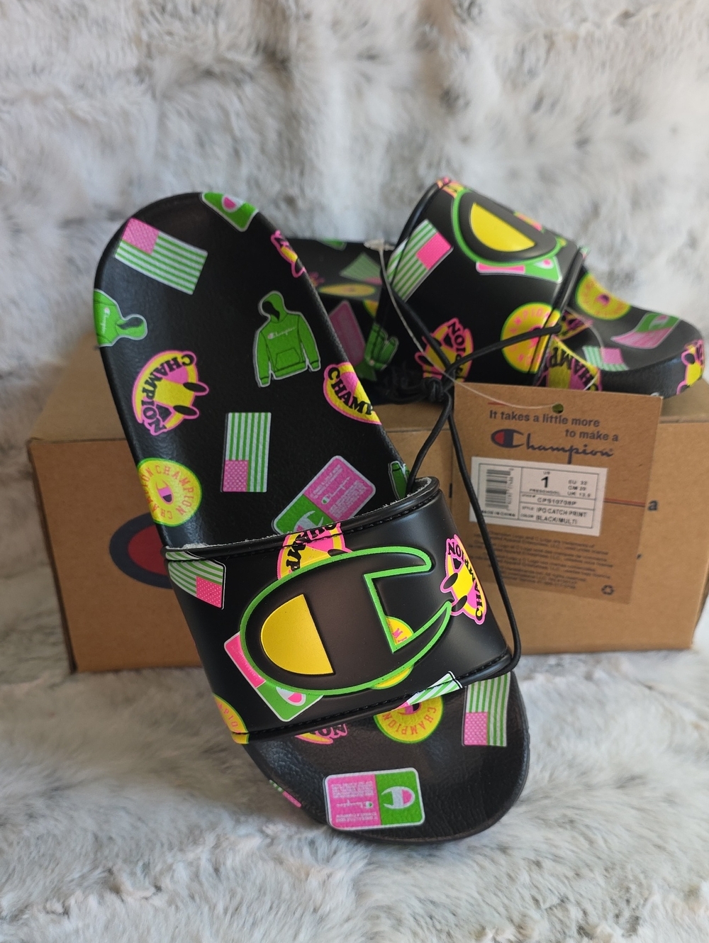NWT Champion Kids IPO Catch Print Slide Sandals - Black Multicolor